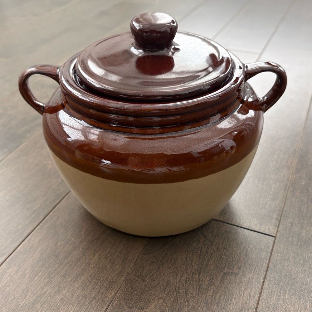 Vintage Glazed Bean Pot, Stoneware Lid Ceramic Antique Home Farmhouse Decor